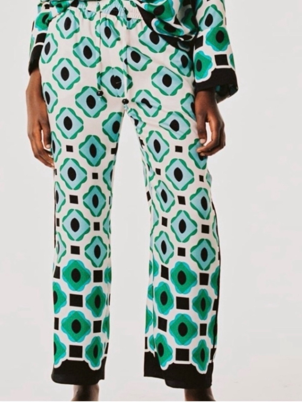 Zara Green & Black Geo-Print Wide Leg Pants Lounge Chill Resort Wear